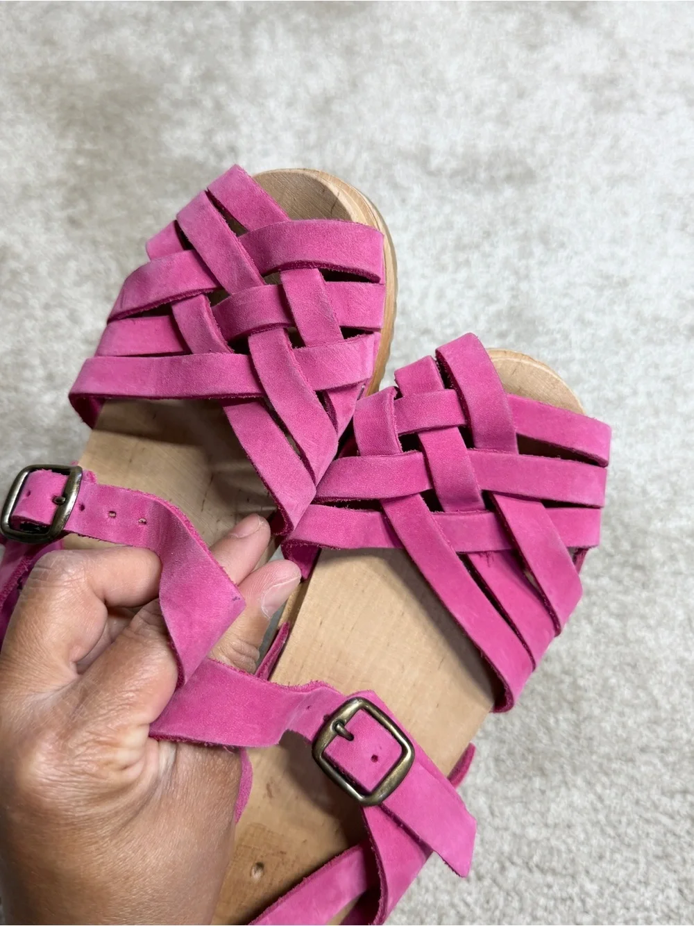 Unbranded Girls Cape Pink Woven Leather Woden Sole Clogs Sandals 33/US 2